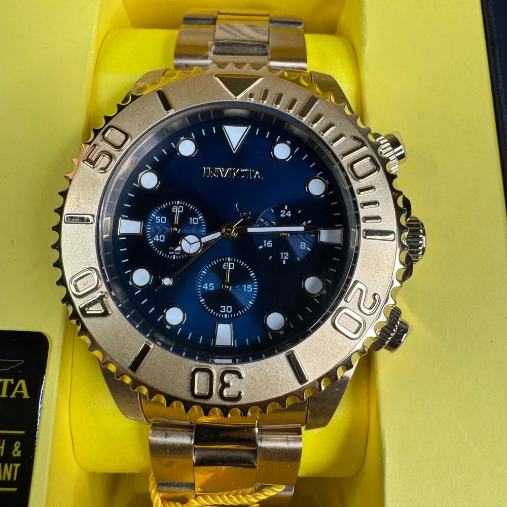 Invicta Pro Diver Chronograph Gold Tone Blue Dial Mens Watch 36974 New